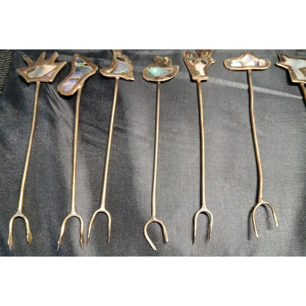 22 Vintage Mexican Alpaca Silver Cocktail Forks/Picks with Abalone Inlay